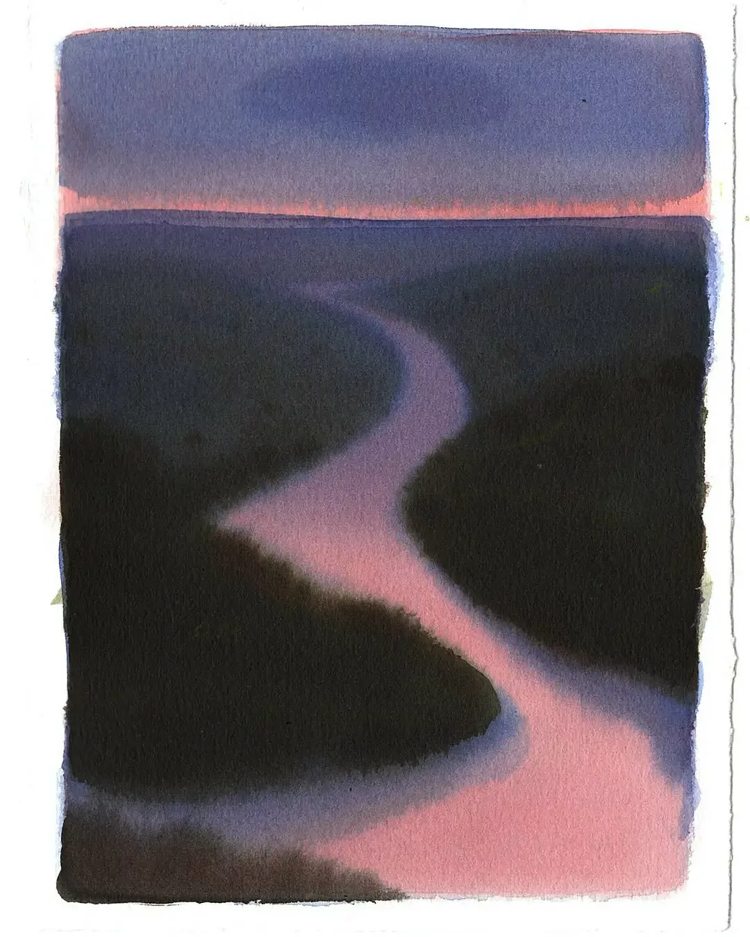 Peintures à l'encre sur papier
@magalicazo 
19x14,5 cm
1- 03.02.25
2- 05.07.25
3- 18.03.24
4- 18.07.23
5- 27.02.22
6- 13.09.24
7- 28.01.25
8- 18.02.25
« Il y a quelque chose de primaire dans ma façon de travailler. Je confie au temps le soin de gommer suffisamment les détails des choses vues et vécues pour qu’il n’en subsiste qu’une version simplifiée. Je fais confiance à l'oubli qui agit comme la rivière en révélant la douceur d’un rocher à force de le caresser. L’eau comme les années viennent polir, lisser les aspérités, effacer la précision... C’est avec des reliquats, installés dans ma mémoire souvent à mon insu, que je travaille.
L’encre est une précieuse alliée dans cette quête de détachement. Elle me force à la présence et impose son expression. Grâce à elle, je perds de vue que c’est moi qui peins.  »
Magali Cazo a une pratique quotidienne du dessin à l’encre sur papier. Après avoir longtemps peint à l’huile, d’observation, elle se consacre depuis 2016 à un travail sur papier, plus intuitif et onirique. Elle mène de front deux séries : des paysages imaginaires, fruits de ses temps de contemplation et des figures humaines, inspirées de sensations physiques d'être au monde. Son installation en Ardèche a fortement influencé sa manière de peindre et ses sujets. Le monde animal et végétal, la rivière et la montagne se sont invitées subtilement dans ses images qui témoignent aujourd’hui d’un sentiment fort d’appartenance au vivant dans sa globalité. Née à Lyon en 1979, elle vit et travaille aujourd’hui entre l’Ardèche et Paris. 
A découvrir à la @galerie_mira_nantes