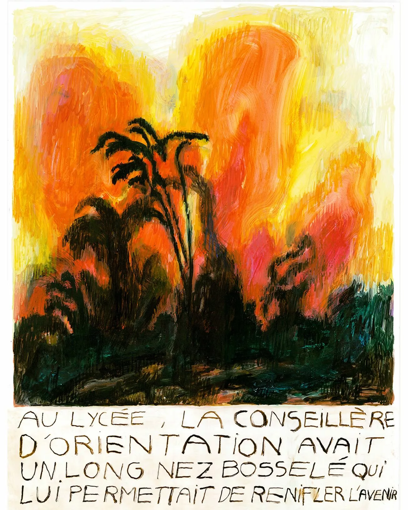 Le sol bougeait et nous avions 
l’air de cosmonautes égarés sur une part de pizza Valfret @valfretin Cyprien Mathieu Artiste auteur 
- 
Exposition 22 mars - 30 mai 2026 
Vernissage le 21 mars à partir de 18h30
en présence de l’artiste
Performance - lecture de l'ouvrage 
La Montagne @editions_fremok 
avec Henri LANDRÉ à la guitare
le 22 mars à 17h
-
Galerie MIRA 1bis rue Voltaire, Nantes
▪️Dessin à la gouache, aquarelle et encre 
66x50,8 cm
(…) BRUITS
Comment qualifier l’œuvre de Cyprien Mathieu, qui depuis plusieurs années trace un chemin marginal dans le champ de la bande dessinée ? En bruit de fond, dans ses récits, le mal se mêle à la colère. Le présent a une sale gueule, l’horizon est en deuil et la vie si brutale qu’il vaudrait mieux tout annuler. Foutre le feu. Faire que le paysage se charge d’exprimer ce brasier intérieur. En bruit de fond, dans ses compositions foisonnantes, on perçoit aussi une épiphanie végétale, une sensation puissante d’osmose cosmique, un souffle amoureux, primitif et chaud, capable de tout relier. Et la certitude de vivre quelque chose d’essentiel.  
En superposant ces deux bruits, on obtient ce qui anime l’exposition : un écartèlement fertile, entre ultra-violence diffuse et animisme doux. Pour explorer cet entre-deux, Cyprien Mathieu articule des images, accompagnées de texte ou pas ; parfois, ce que montre l’image est contraire à ce que dit le texte, et la réunion des deux crée un sens-friction. Les textes sont manuscrits, incarnés dans un tracé tremblotant et fragile, et paradoxalement toujours en capitales, comme pour les lester, proférer dans les mots, entre exaltation et exaspération, et finalement, ces mêmes mots débordent, si bien qu’en fin de page l’artiste ratatine tout, comme en manque d’espace ou à bout de souffle.
(…) @eva__prouteau critique d’art
L’intégralité du texte est à retrouver sur le site de la galerie MIRA, lien en bio
