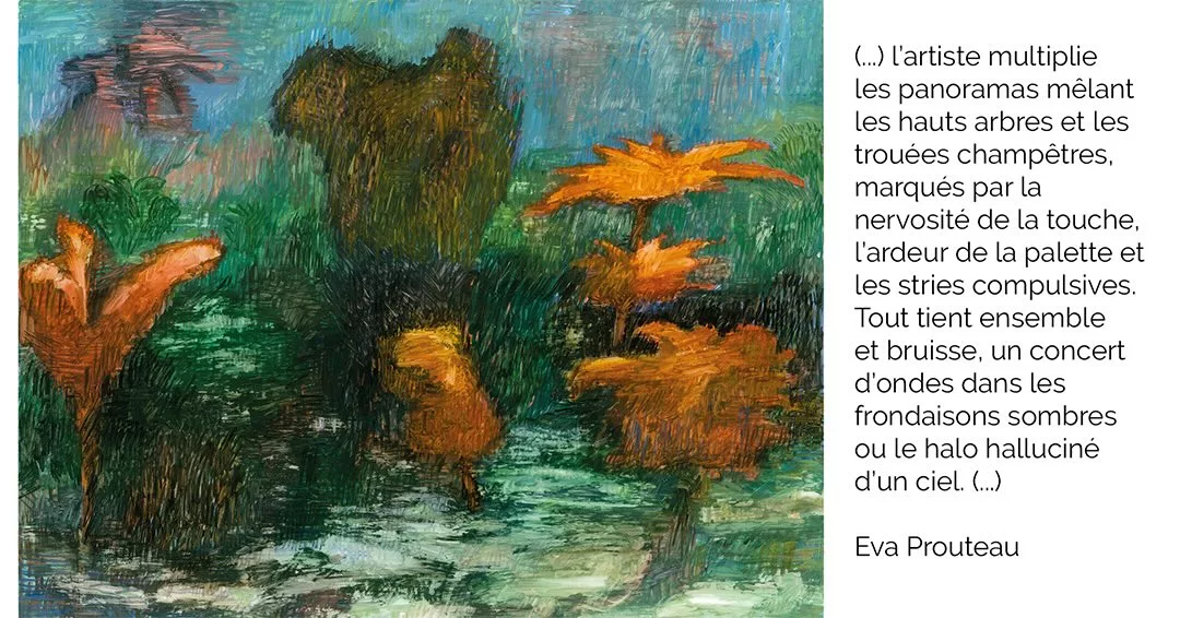 Le sol bougeait et nous avions
l’air de cosmonautes égarés sur une part de pizza 
Valfret @valfretin Cyprien Mathieu 
Artiste auteur
-
Exposition 22 mars - 30 mai 2026
Galerie MIRA 1bis rue Voltaire, Nantes
▪️Dessin à la gouache, aquarelle et encre
66x50,8 cm
Encadré sur mesure, verre musée
(...)PAYSAGE
Cyprien Mathieu se décrit comme un fan absolu de peintures de paysages, toutes époques confondues, de Yann Kebbi à Ferdinand Hodler, de Gustave Baumann à Flore Chemin. Et Van Gogh, le boss. Dans l’exposition, l’artiste multiplie les panoramas mêlant les hauts arbres et les trouées champêtres, marqués par la nervosité de la touche, l’ardeur de la palette et les stries compulsives. Tout tient ensemble et bruisse, un concert d’ondes dans les frondaisons sombres ou le halo halluciné d’un ciel. (...)
@eva__prouteau critique d'art