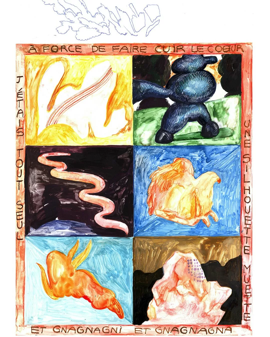 Le sol bougeait et nous avions
l’air de cosmonautes égarés sur une part de pizza
Valfret, @valfretin Cyprien Mathieu
Artiste auteur
-
Exposition 22 mars - 30 mai 2026
-
Galerie MIRA 1bis rue Voltaire, Nantes
Série de dessins à la gouache, aquarelle et encre sur papier Yupo
(…) SIX CASES
Plusieurs peintures au format A4 reprennent le motif du gaufrier : une série sur laquelle Cyprien Mathieu travaille actuellement, en lien avec un projet de livre pour les éditions FRMK. Comme point de départ de ce projet, l’artiste a puisé dans un ouvrage anthroposophique, où deux intellectuels anglais entreprirent de cartographier les émotions et de traduire les sensations en couleurs et en formes. Leur ton autoritaire a réjoui Cyprien Mathieu : c’est toujours drôle les gens qui écrivent des traités dogmatiques sur des choses impalpables et intimes. Afin d’imaginer sa cartographie personnelle, l’artiste explore un dispositif figé en six cases, pour mieux contourner les contraintes qu’il induit, en termes de séquence et de narration. Il improvise dans la page, se laisse porter par les choix de couleurs, installe un tempo propre. Figurer ou pas ? Plonger complètement dans l’abstraction ? Tout avance de manière organique, en transgressant les principes et les règles, et le texte arrive à la fin. En résulte de nouvelles déprises, des rythmiques inédites, où les sempiternelles cases de la BD mutent en objets poétiques mystérieux. L’esprit digressif de l’artiste, qui pense par dérapages plus ou moins contrôlés, semble affectionner ce type de contraintes libératoires. (…)
@eva__prouteau , critique d’art