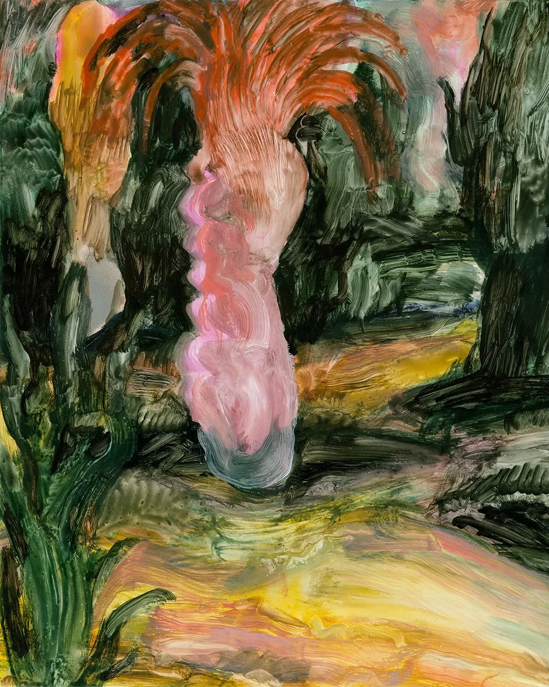Le sol bougeait et nous avions
l’air de cosmonautes égarés sur une part de pizza
Valfret, Cyprien Mathieu @valfretin
Artiste auteur
-
Exposition 22 mars - 30 mai 2026
-
Galerie MIRA 1bis rue Voltaire, Nantes
Dessin à la gouache, aquarelle et encre
66x50,8 cm
Papier Yupo
Encadré sur mesure, verre musée
(…)
COMMENT ÇA MARCHE
Se placer dans un état de concentration et ralentir les choses : le dessin et la peinture permettent d’accéder à cet autre rythme, pondérable et ancré. Au quotidien, l’artiste remplit des carnets, dont certains sont présentés dans l’exposition : dans un premier temps, il multiplie les exercices d’observation, pour mieux partir ensuite à la conquête de ses paysages intérieurs. Techniquement, sa pratique est un cas d’école, puisqu’il fait le choix d’un support papier hostile, qui rejette l’eau et les pigments. En effet, Cyprien Mathieu travaille sur Yupo, un papier qu’il décrit comme proche du plexiglas, et sur papier photo pour imprimante. Les deux supports impliquent un temps de séchage long puisque le papier ne boit rien, et un temps de sédimentation de l’aquarelle ou du pigment qui reste énigmatique. Sur ces papiers, l’artiste peut retirer la matière picturale d’un simple coup de pinceau trempé dans l’eau. Ainsi, il procède à l’inverse d’un travail à l’acrylique où se superposent les couches à l’infini : là, la couche supérieure peut à tout moment venir retirer la couche inférieure, dé-sédimenter la peinture. Cyprien Mathieu privilégie l’aquarelle réhaussée de gouache blanche ou bleue, et pour tous les tons foncés, il mêle aquarelle et encre de chine : la densité chromatique augmente, et des effets huileux ou poisseux apparaissent, pour le plus grand plaisir de l’artiste, qui aime combiner dans une même composition des zones d’empâtement mat et des zones d’intense dilution, incontrôlables. (…)
@eva__prouteau , critique d’art